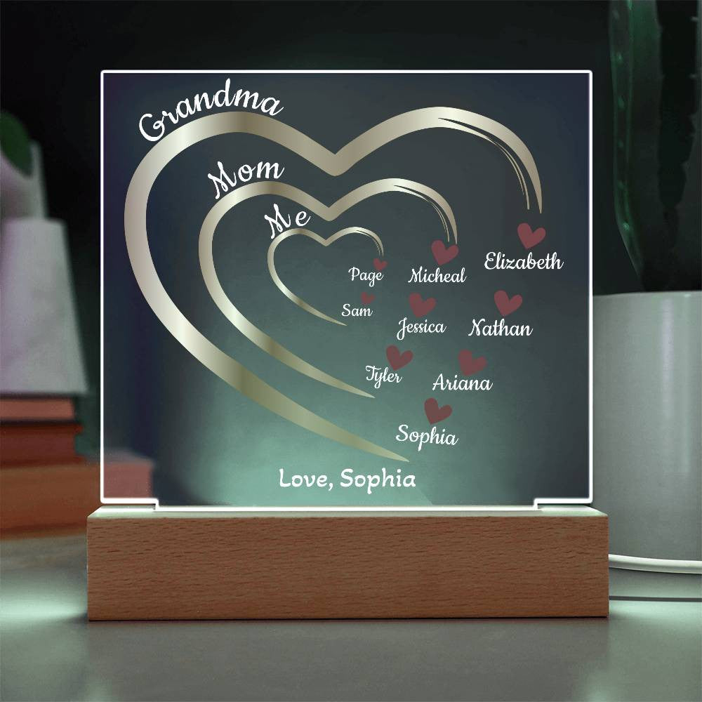 Mom-Grandma Generation Hearts | Personalized Names | Acrylic Square Plaque