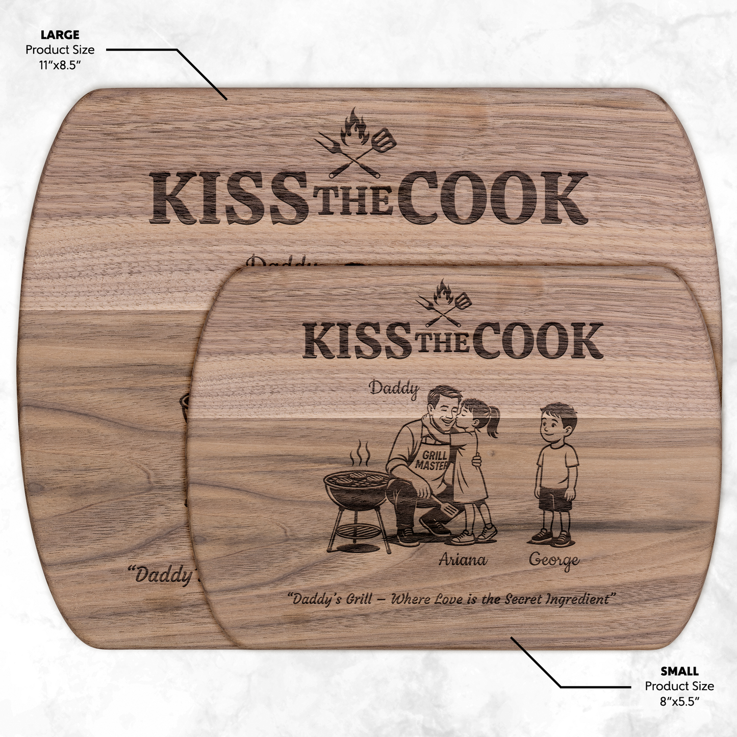 Kiss The Cook | Personalized Kids and Names | Hardwood Oval Cutting Board