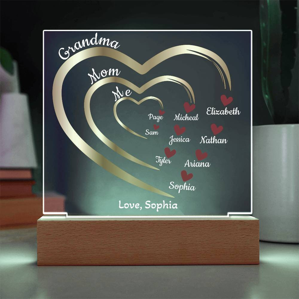 Mom-Grandma Generation Hearts | Personalized Names | Acrylic Square Plaque