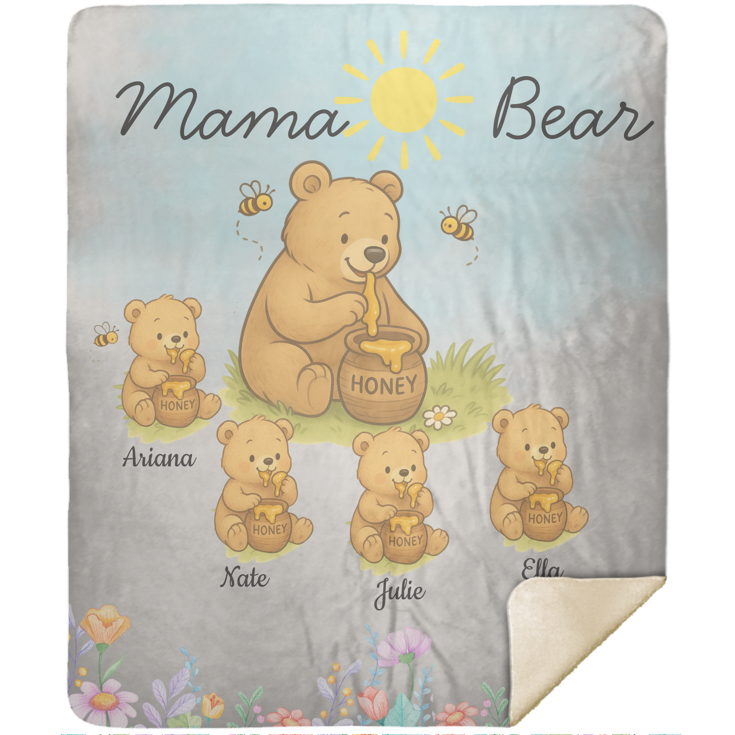 Personalized Mama Bear Sunny Meadow | Blanket | Up To 6 Child's Name | Great for Mother's Day, Birthday, Anniversary