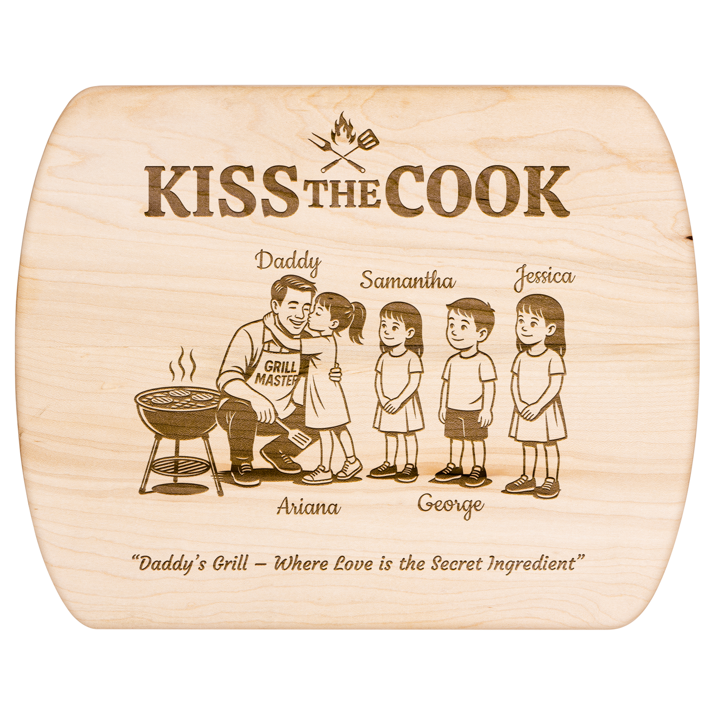 Kiss The Cook | Personalized Kids and Names | Hardwood Oval Cutting Board