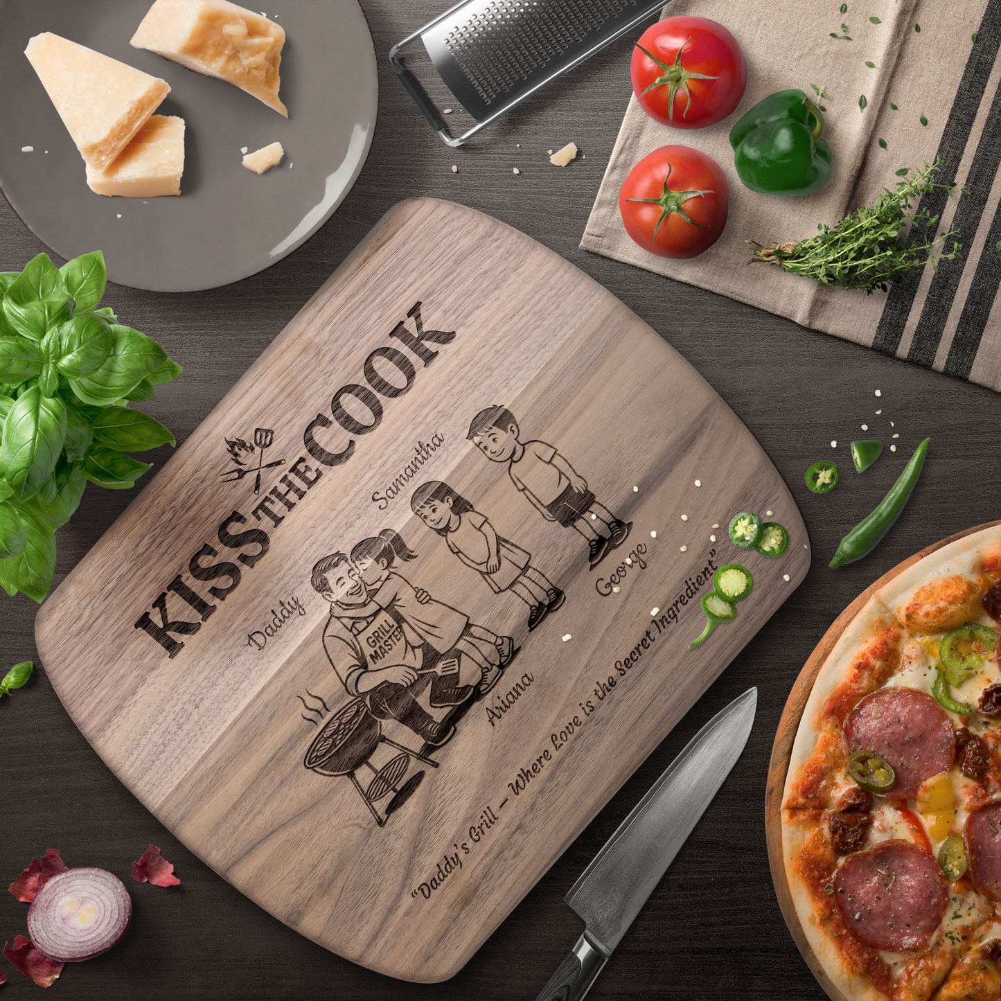 Kiss The Cook | Personalized Kids and Names | Hardwood Oval Cutting Board
