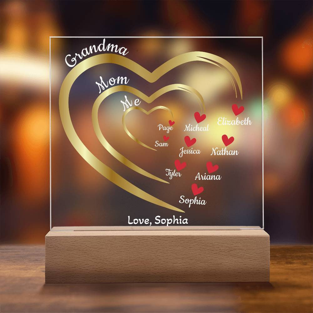 Mom-Grandma Generation Hearts | Personalized Names | Acrylic Square Plaque