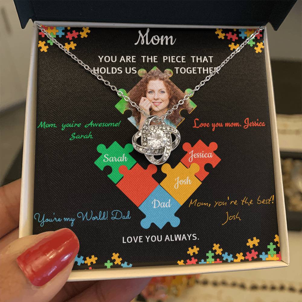 Personalized Name and Photo | Mom Puzzle Piece | Love Knot Necklace | 2 Style | with and without Signature