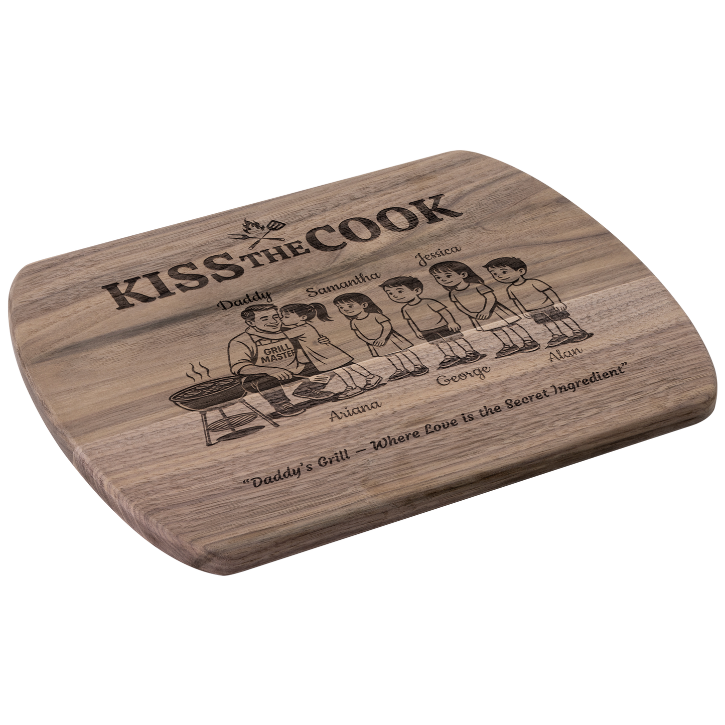 Kiss The Cook | Personalized Kids and Names | Hardwood Oval Cutting Board