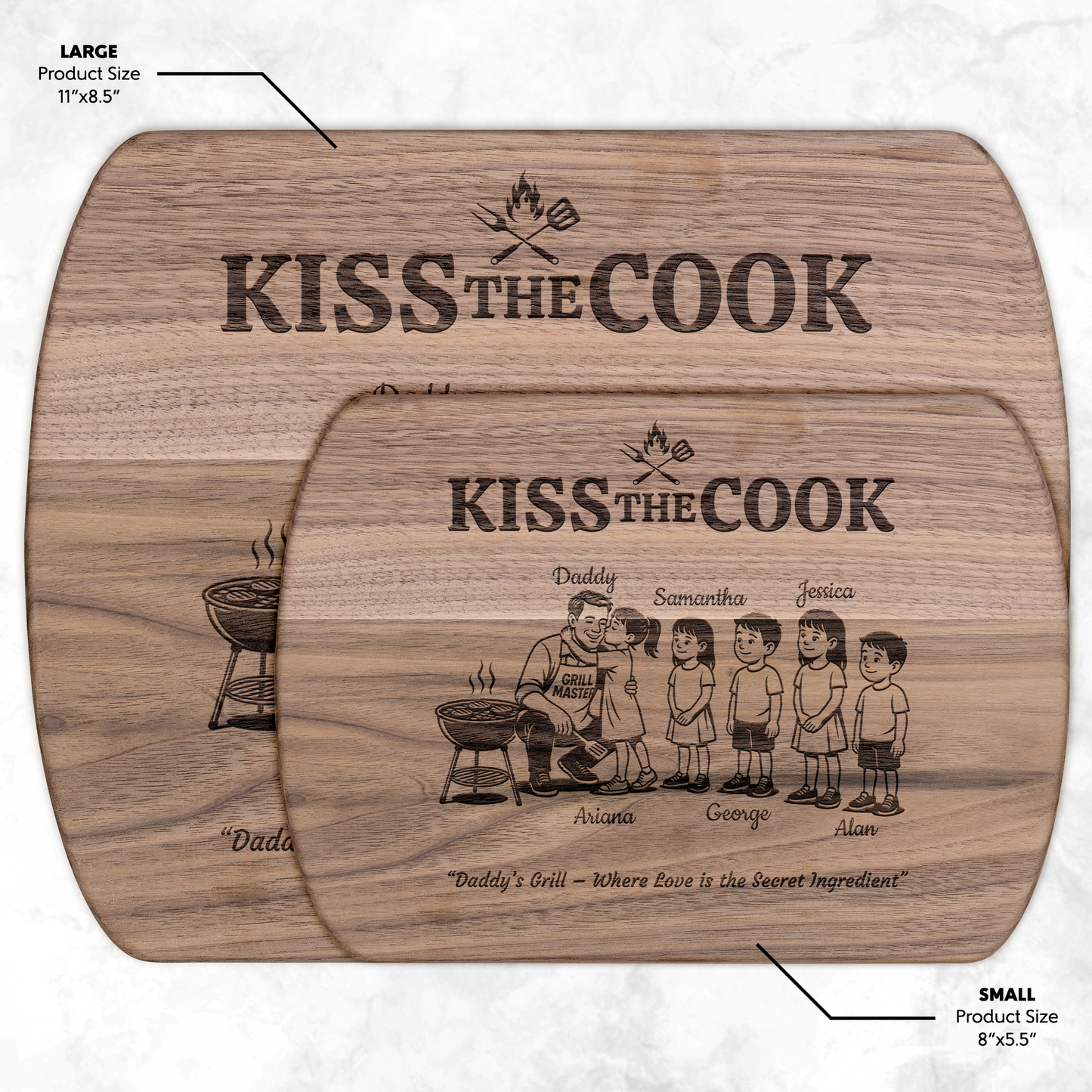 Kiss The Cook | Personalized Kids and Names | Hardwood Oval Cutting Board