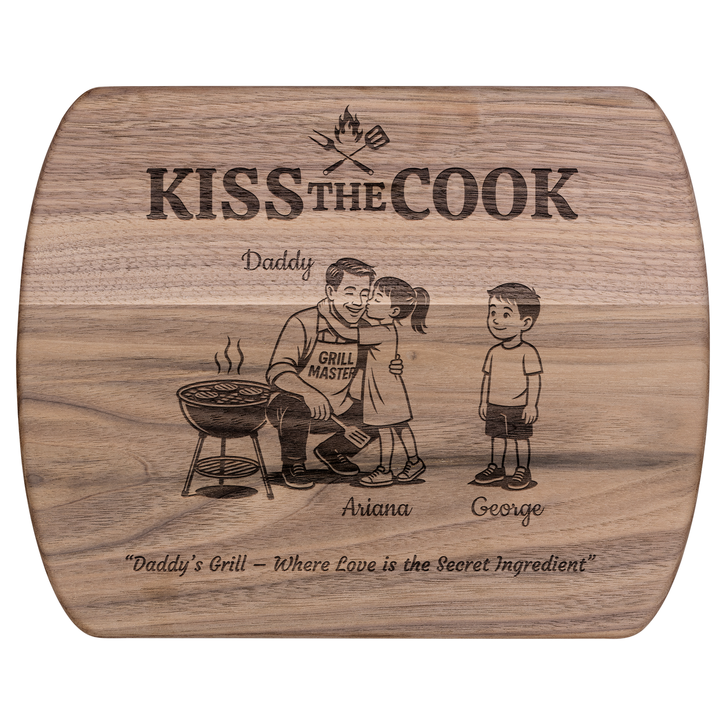 Kiss The Cook | Personalized Kids and Names | Hardwood Oval Cutting Board