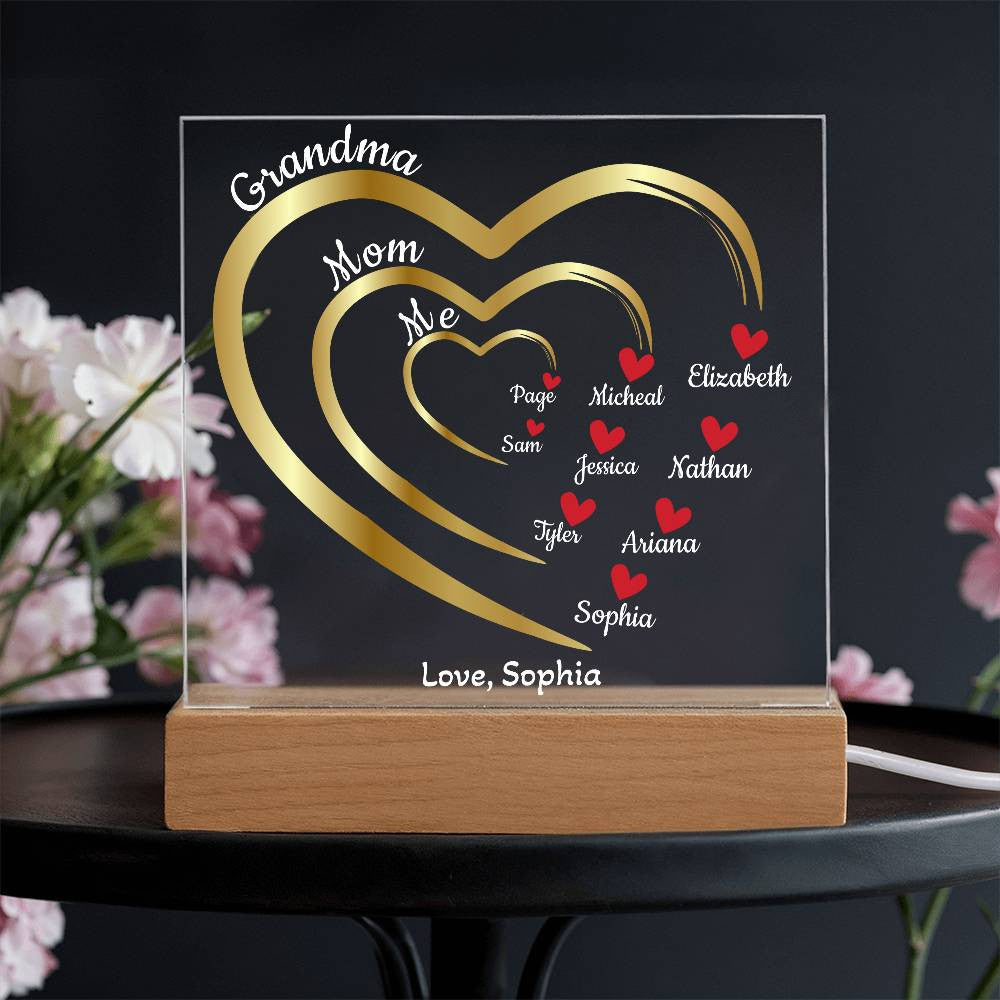 Mom-Grandma Generation Hearts | Personalized Names | Acrylic Square Plaque