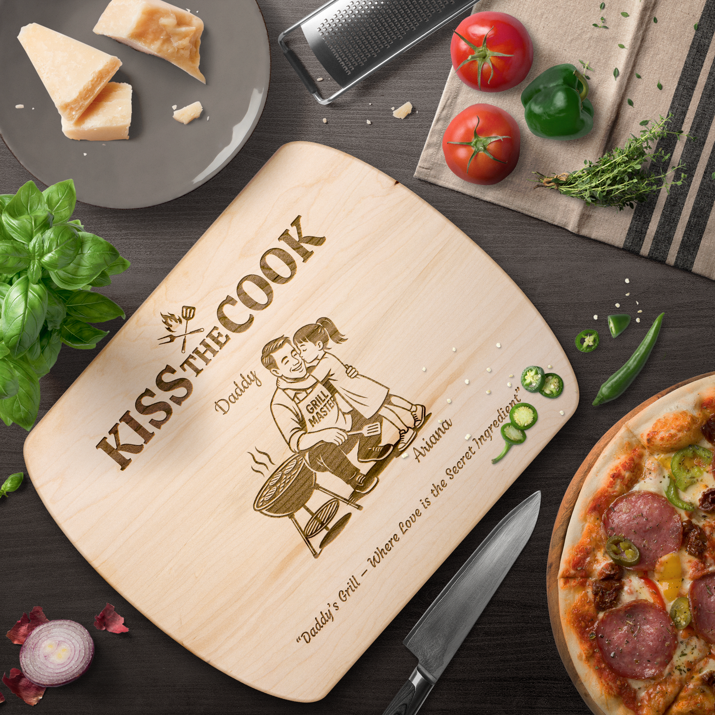 Kiss The Cook | Personalized Kids and Names | Hardwood Oval Cutting Board