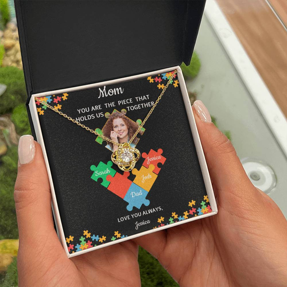 Personalized Name and Photo | Mom Puzzle Piece | Love Knot Necklace | 2 Style | with and without Signature