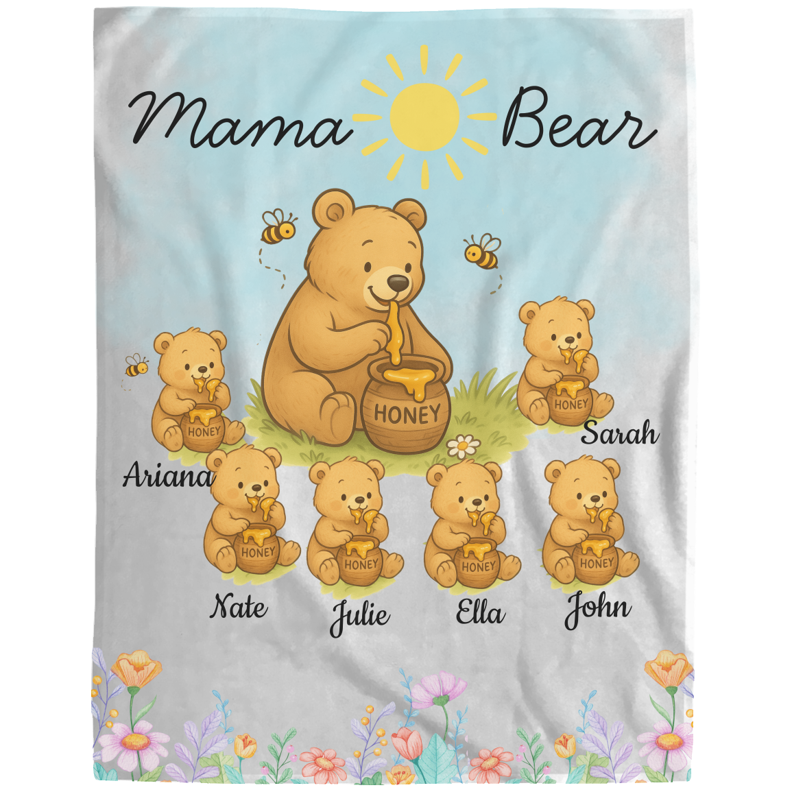 Personalized Mama Bear Sunny Meadow | Blanket | Up To 6 Child's Name | Great for Mother's Day, Birthday, Anniversary