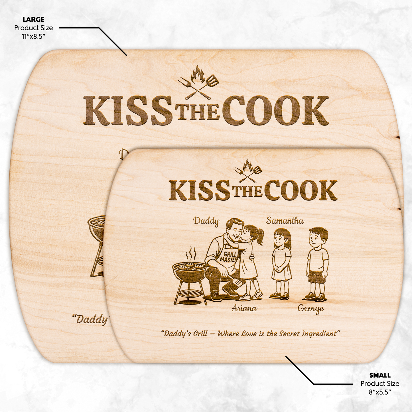 Kiss The Cook | Personalized Kids and Names | Hardwood Oval Cutting Board