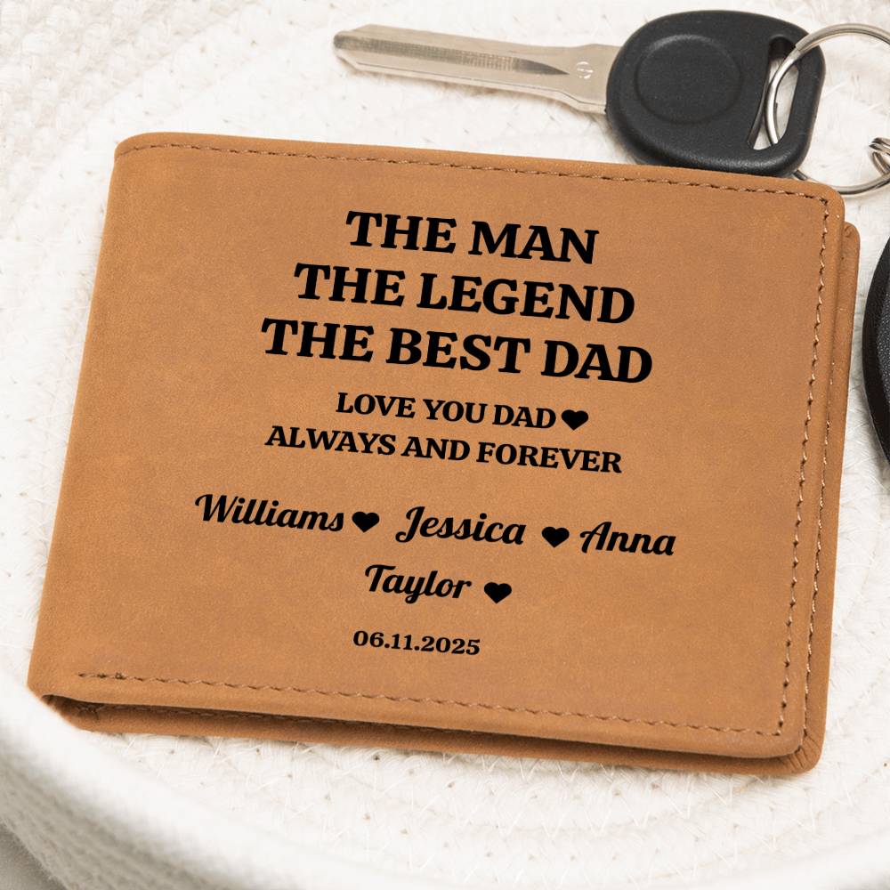 The Man, The Legend, The Best Dad | Personalized Kids Names | Leather Wallet | Great Father's Day Gift