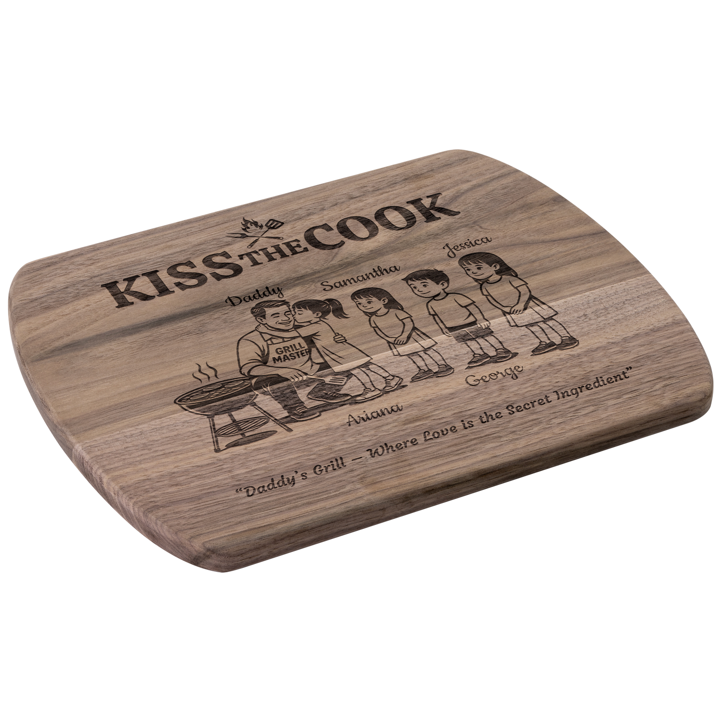Kiss The Cook | Personalized Kids and Names | Hardwood Oval Cutting Board