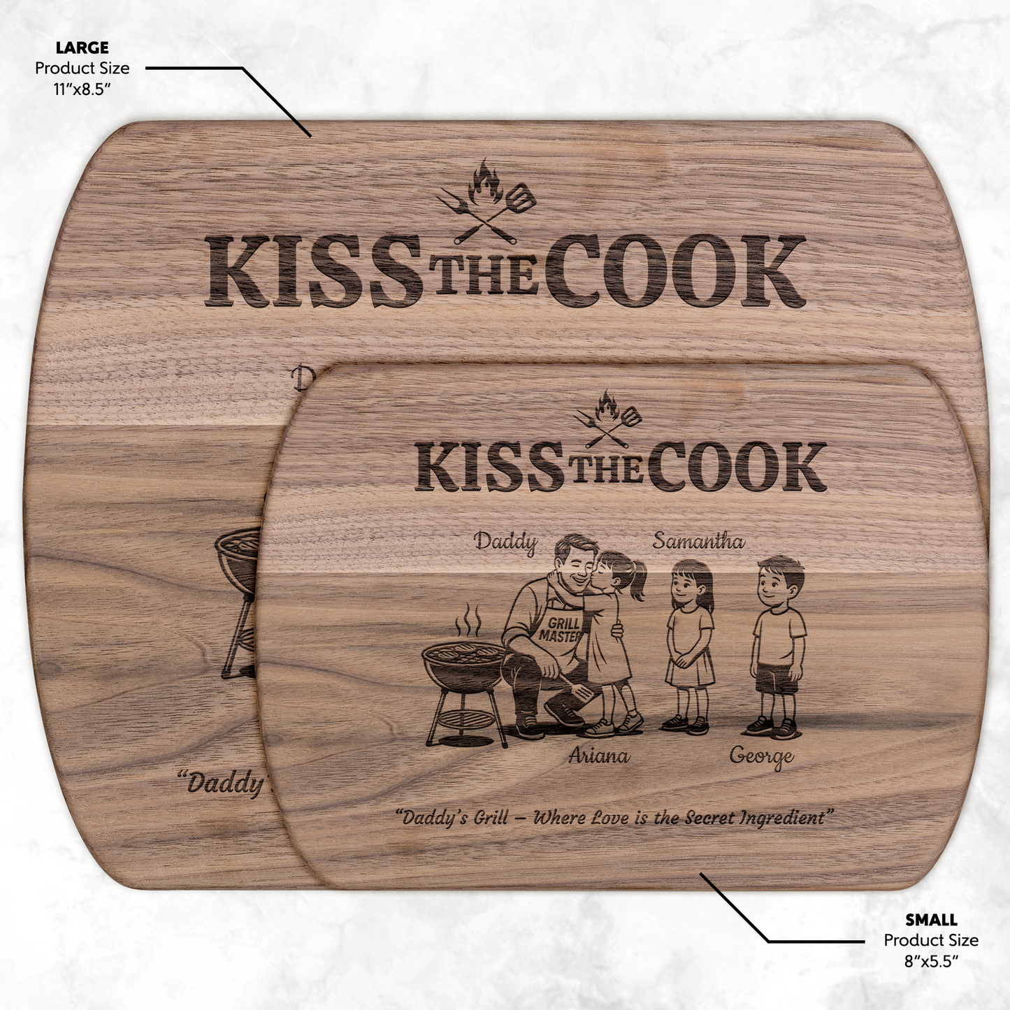 Kiss The Cook | Personalized Kids and Names | Hardwood Oval Cutting Board