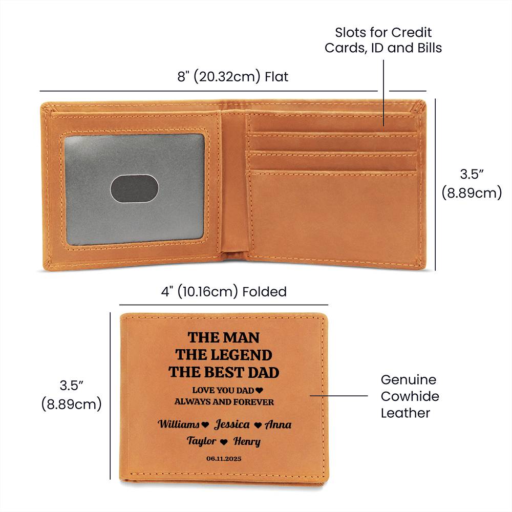 The Man, The Legend, The Best Dad | Personalized Kids Names | Leather Wallet | Great Father's Day Gift