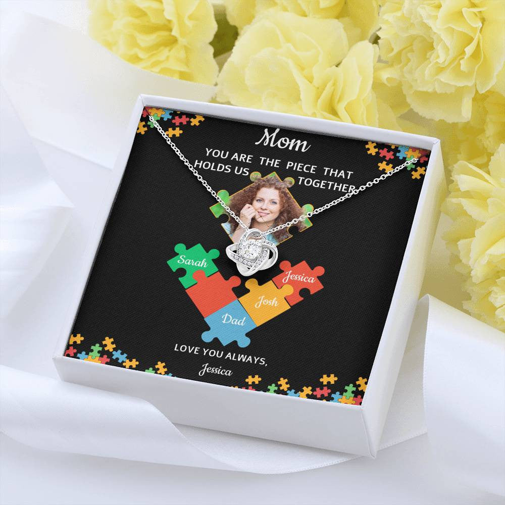 Personalized Name and Photo | Mom Puzzle Piece | Love Knot Necklace | 2 Style | with and without Signature