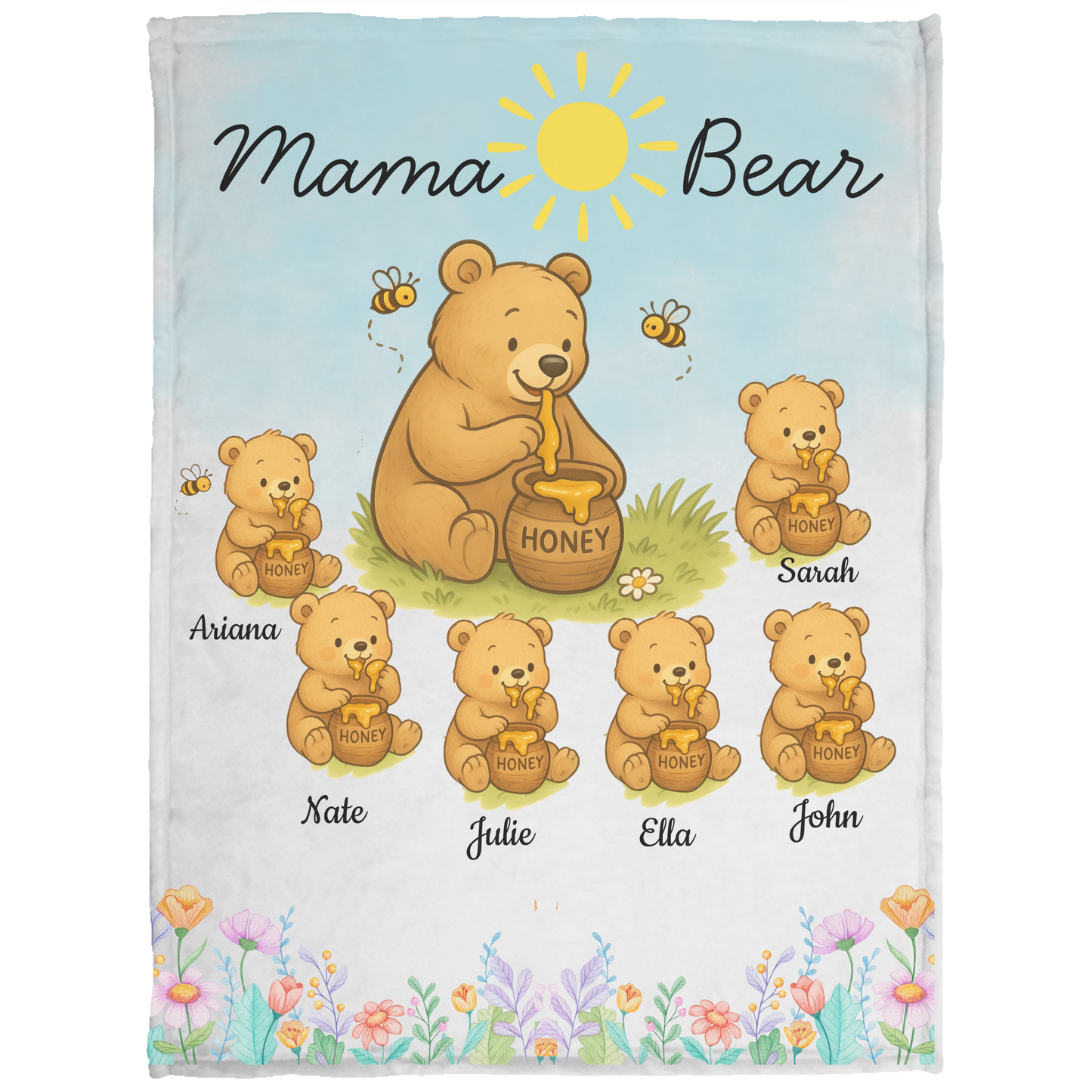 Personalized Mama Bear Sunny Meadow | Blanket | Up To 6 Child's Name | Great for Mother's Day, Birthday, Anniversary