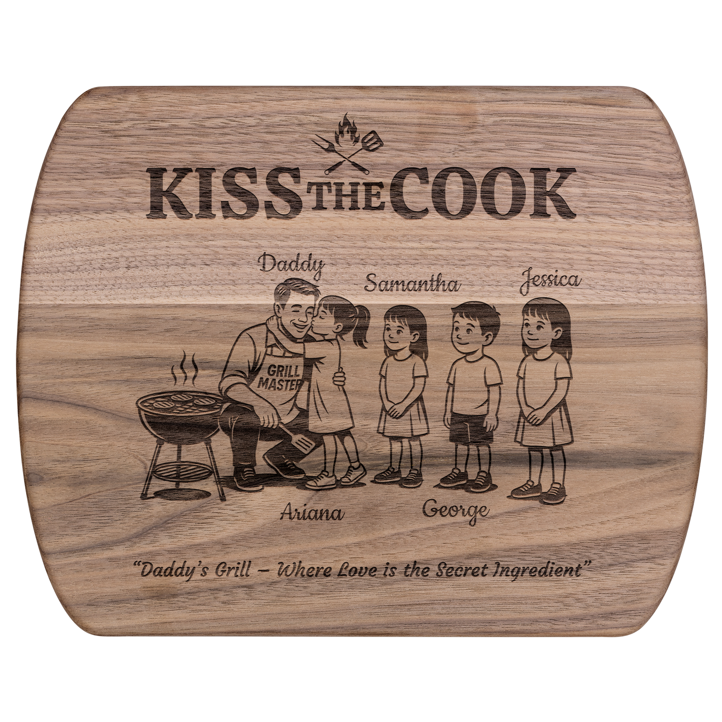 Kiss The Cook | Personalized Kids and Names | Hardwood Oval Cutting Board
