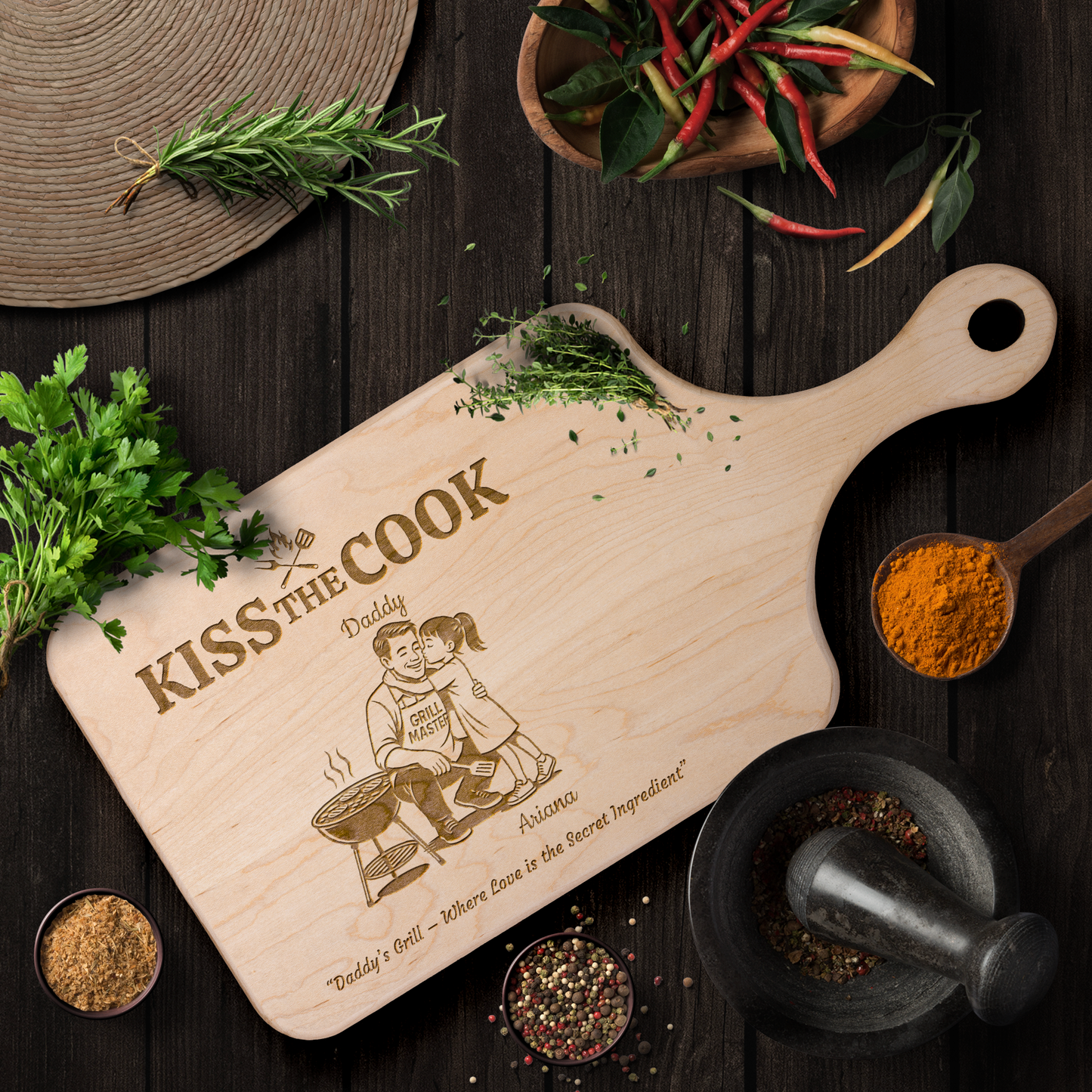 Kiss The Cook | Father's Day Gift | Hardwood Paddle Cutting Board