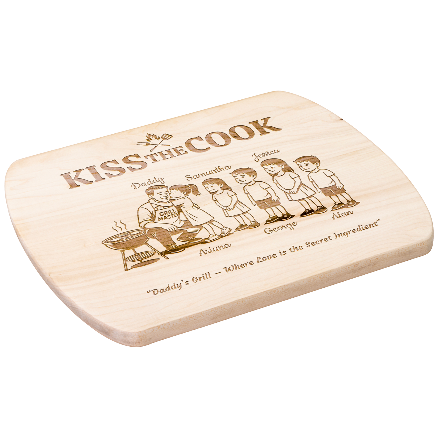 Kiss The Cook | Personalized Kids and Names | Hardwood Oval Cutting Board