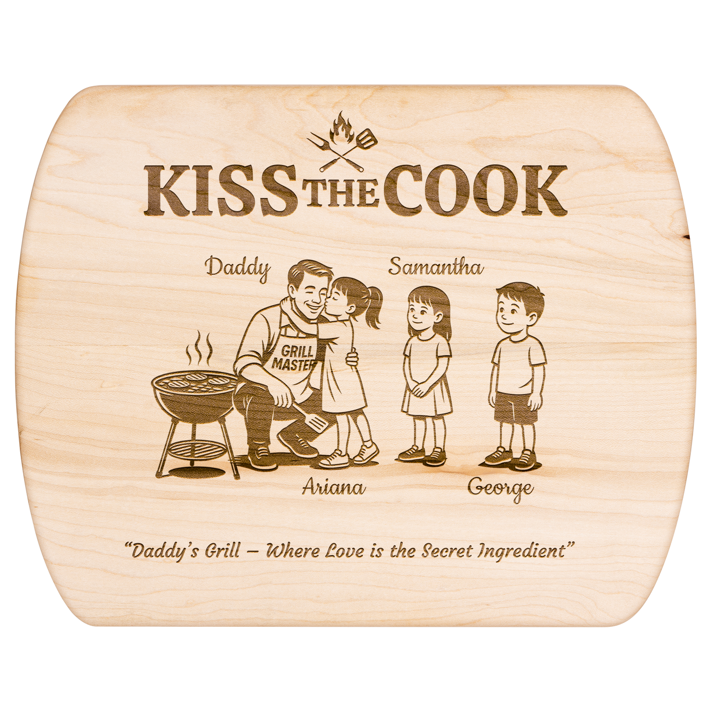 Kiss The Cook | Personalized Kids and Names | Hardwood Oval Cutting Board