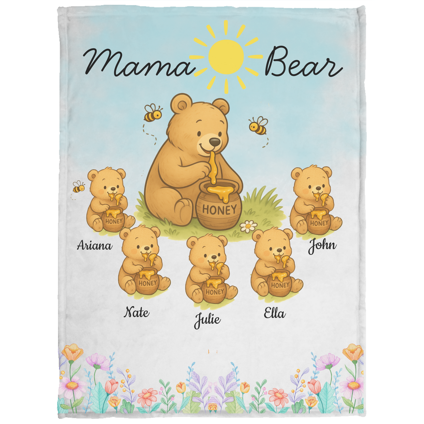 Personalized Mama Bear Sunny Meadow | Blanket | Up To 6 Child's Name | Great for Mother's Day, Birthday, Anniversary