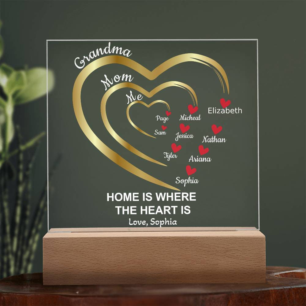Mom-Grandma Generation Hearts | Personalized Names | Acrylic Square Plaque