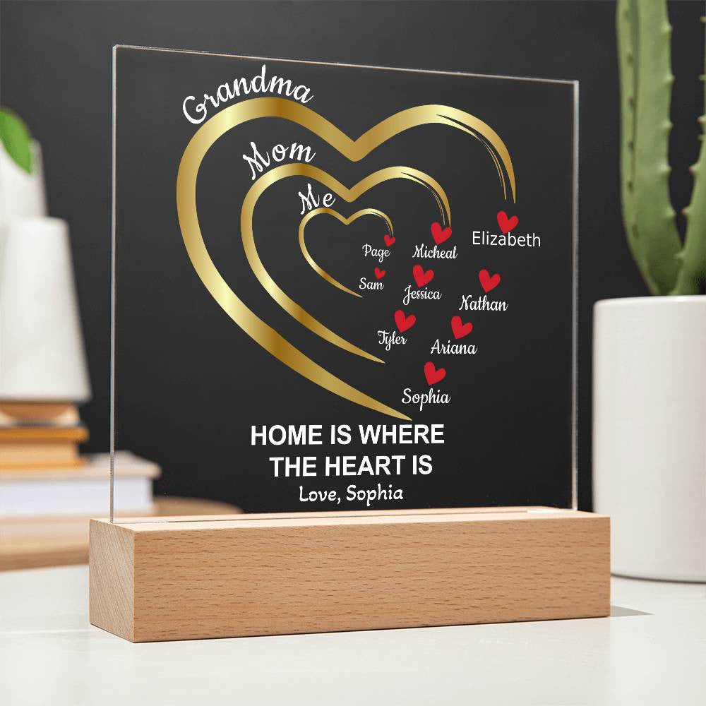 Mom-Grandma Generation Hearts | Personalized Names | Acrylic Square Plaque