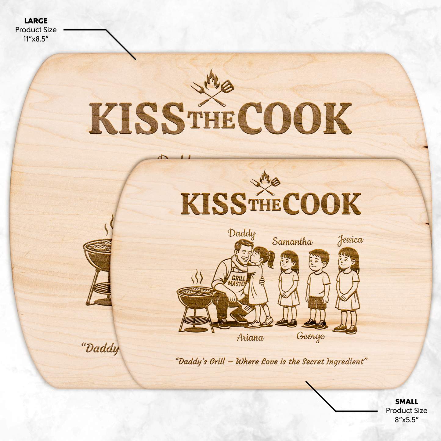 Kiss The Cook | Personalized Kids and Names | Hardwood Oval Cutting Board