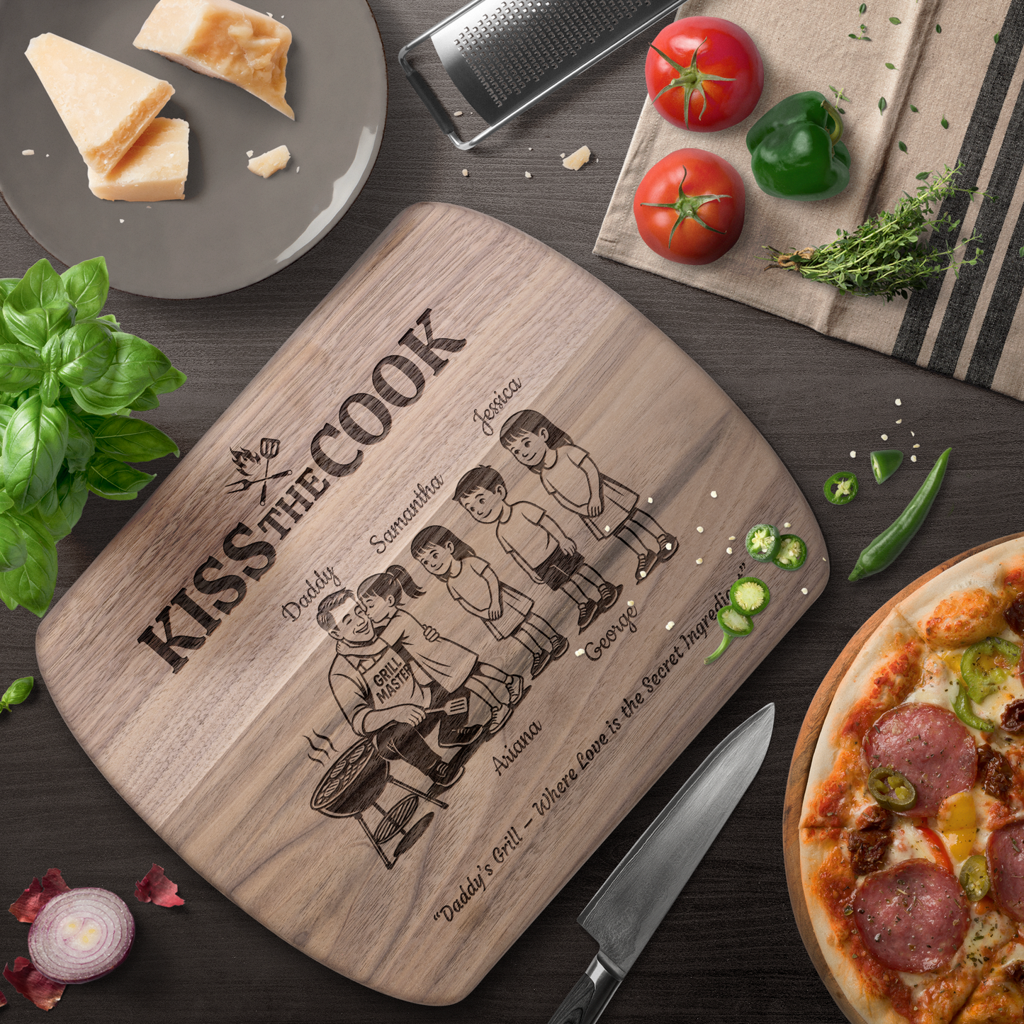 Kiss The Cook | Personalized Kids and Names | Hardwood Oval Cutting Board