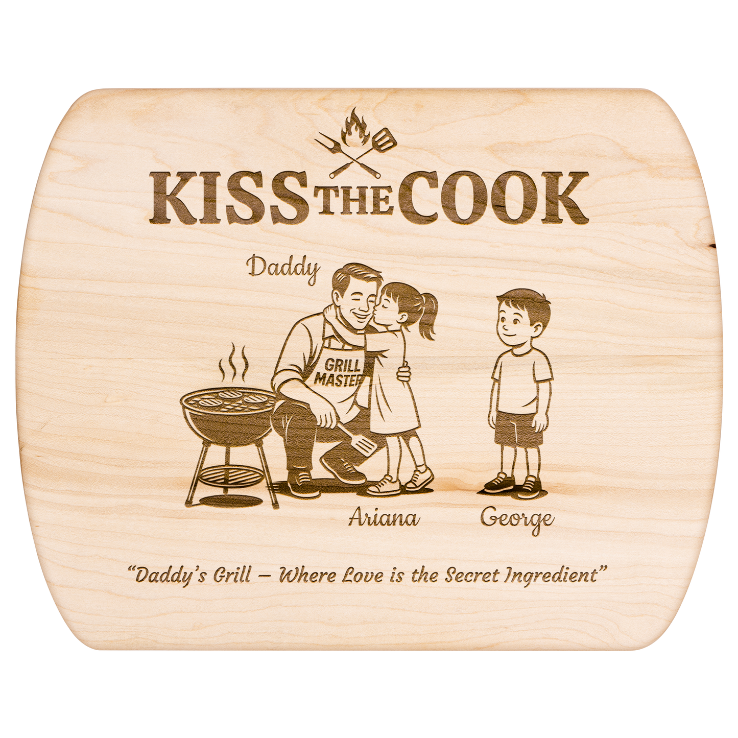 Kiss The Cook | Personalized Kids and Names | Hardwood Oval Cutting Board