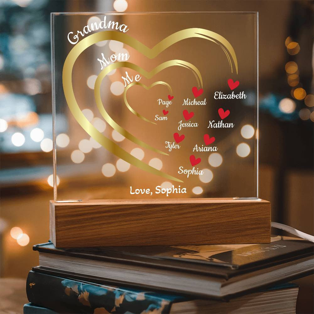 Mom-Grandma Generation Hearts | Personalized Names | Acrylic Square Plaque