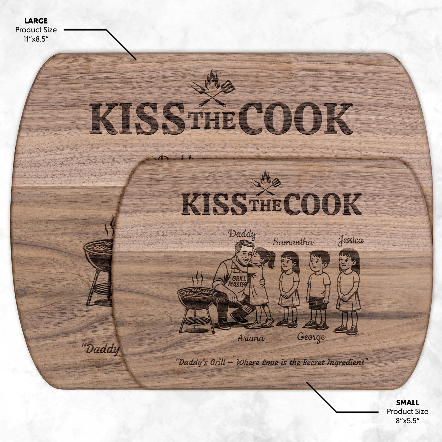 Kiss The Cook | Personalized Kids and Names | Hardwood Oval Cutting Board