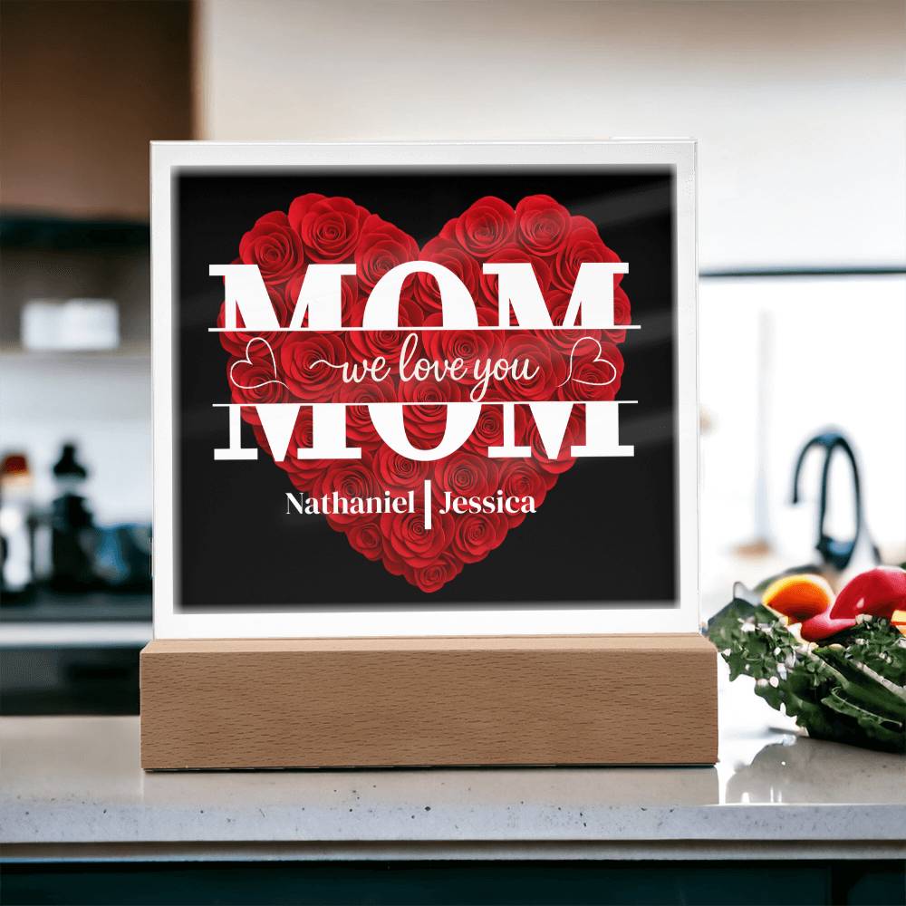 Mom | Personalized Heart Shape Rose | Acrylic Square Plaque