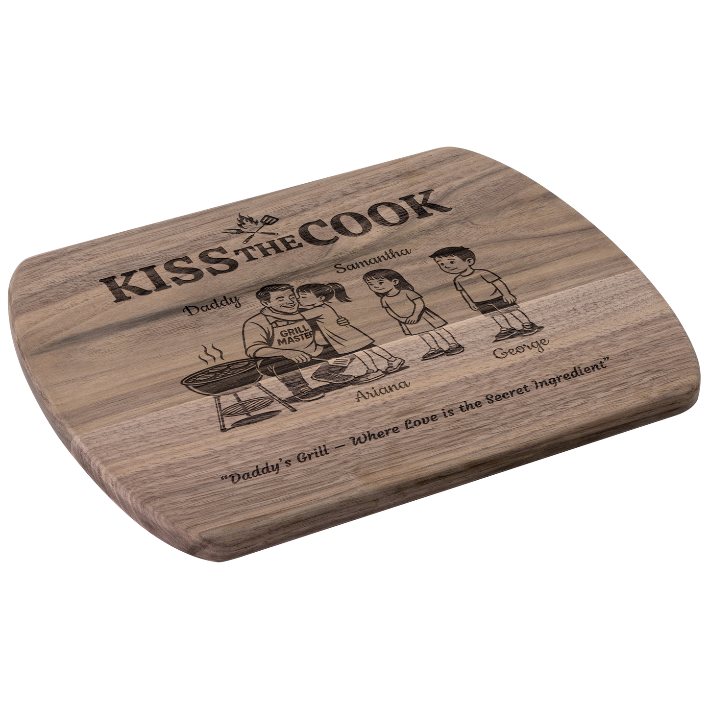 Kiss The Cook | Personalized Kids and Names | Hardwood Oval Cutting Board