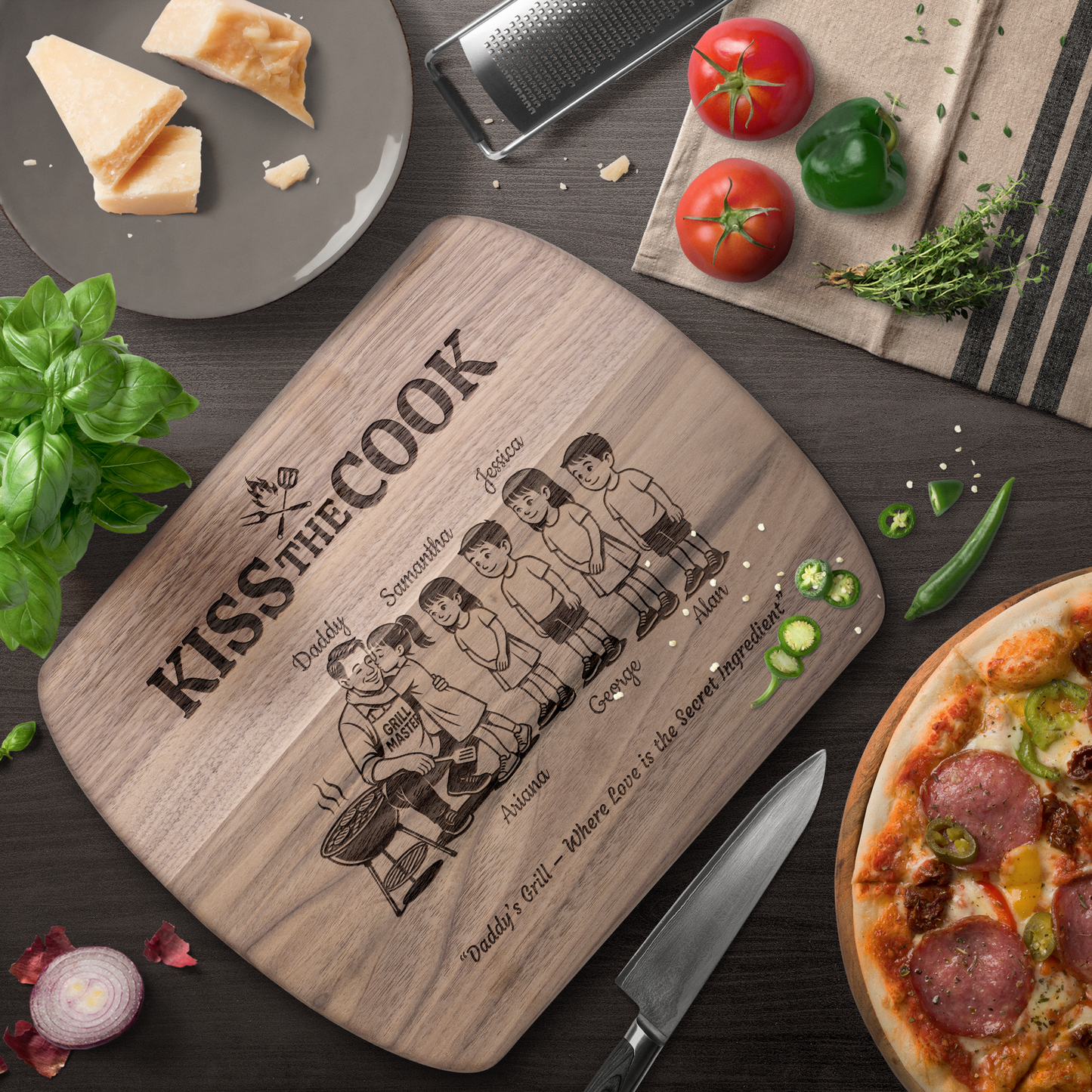 Kiss The Cook | Personalized Kids and Names | Hardwood Oval Cutting Board
