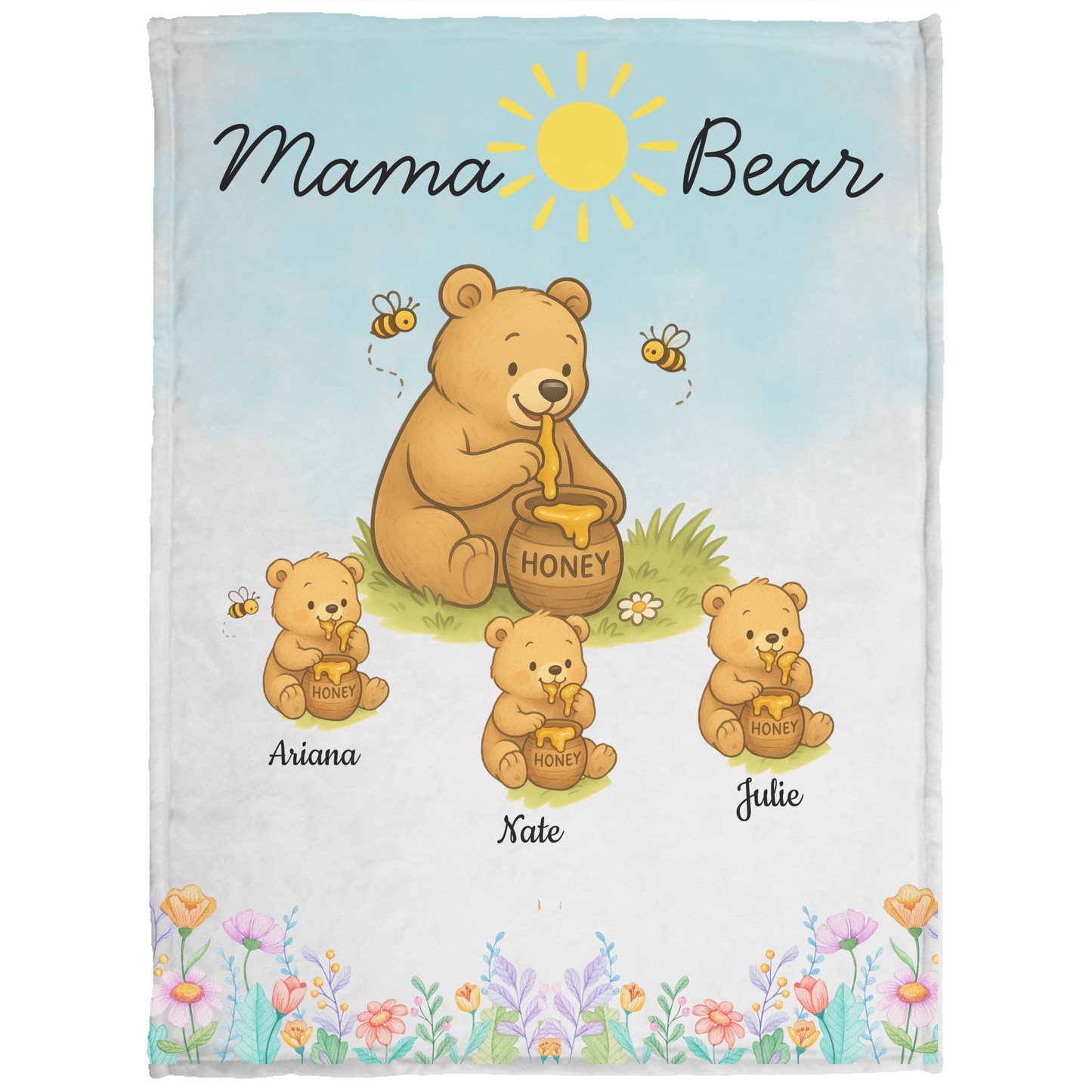 Personalized Mama Bear Sunny Meadow | Blanket | Up To 6 Child's Name | Great for Mother's Day, Birthday, Anniversary