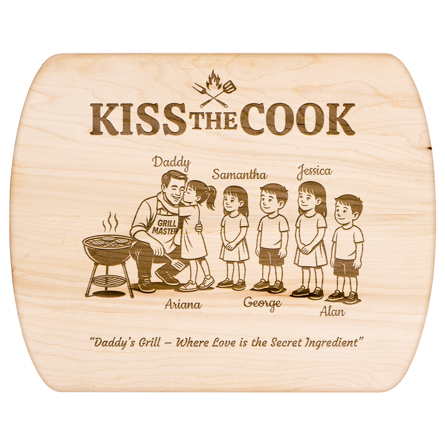 Kiss The Cook | Personalized Kids and Names | Hardwood Oval Cutting Board
