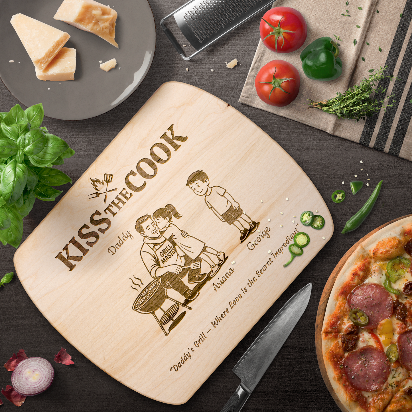 Kiss The Cook | Personalized Kids and Names | Hardwood Oval Cutting Board