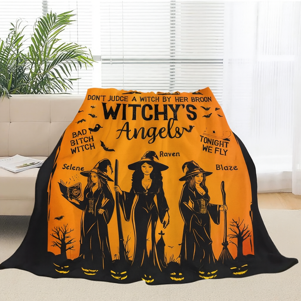 Witchy's Angels | Halloween | Witch thrown Blanket for Couch Sofa Bed Chair Decor