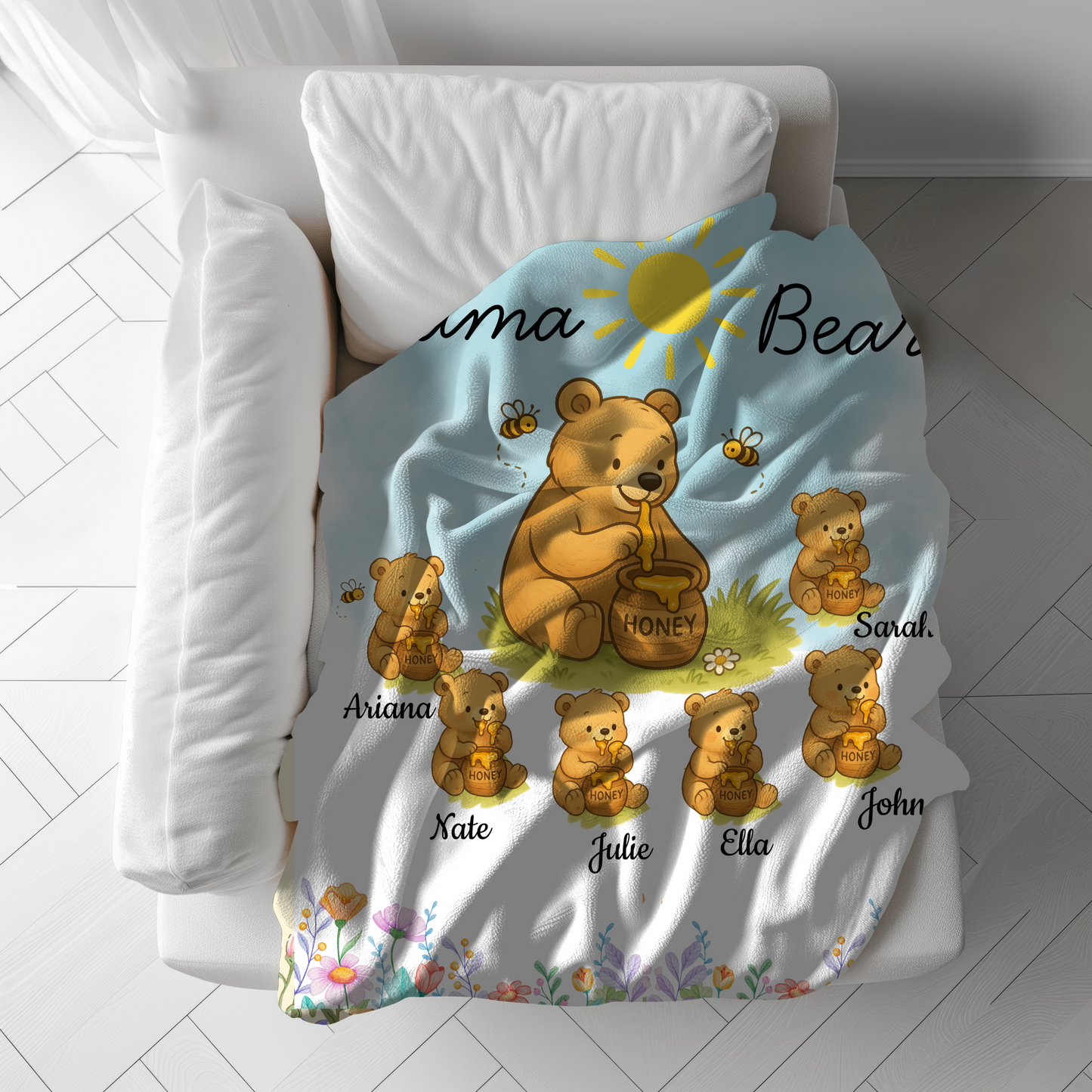 Personalized Mama Bear Sunny Meadow | Blanket | Up To 6 Child's Name | Great for Mother's Day, Birthday, Anniversary
