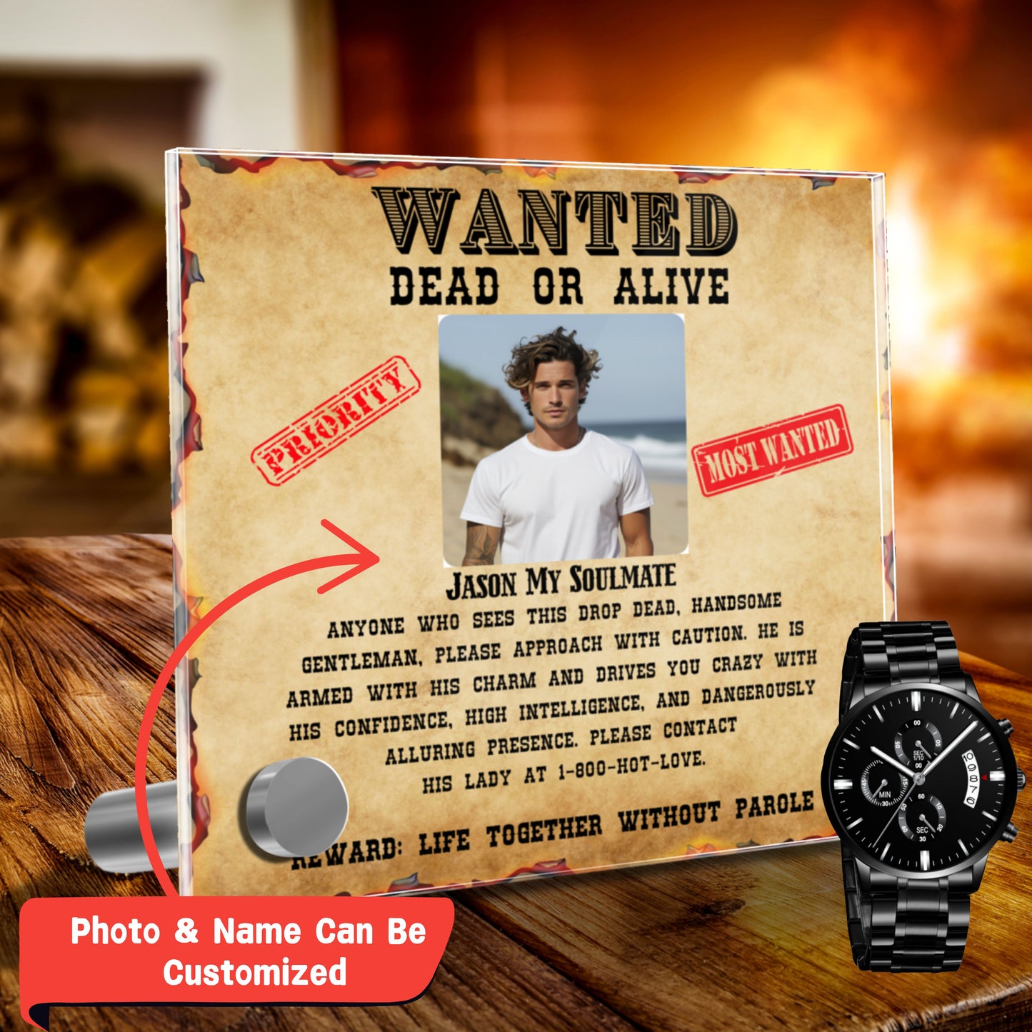 Wanted Dead or Alive | Personalized Lumenglass Plaque with | Black Chronograph Watch