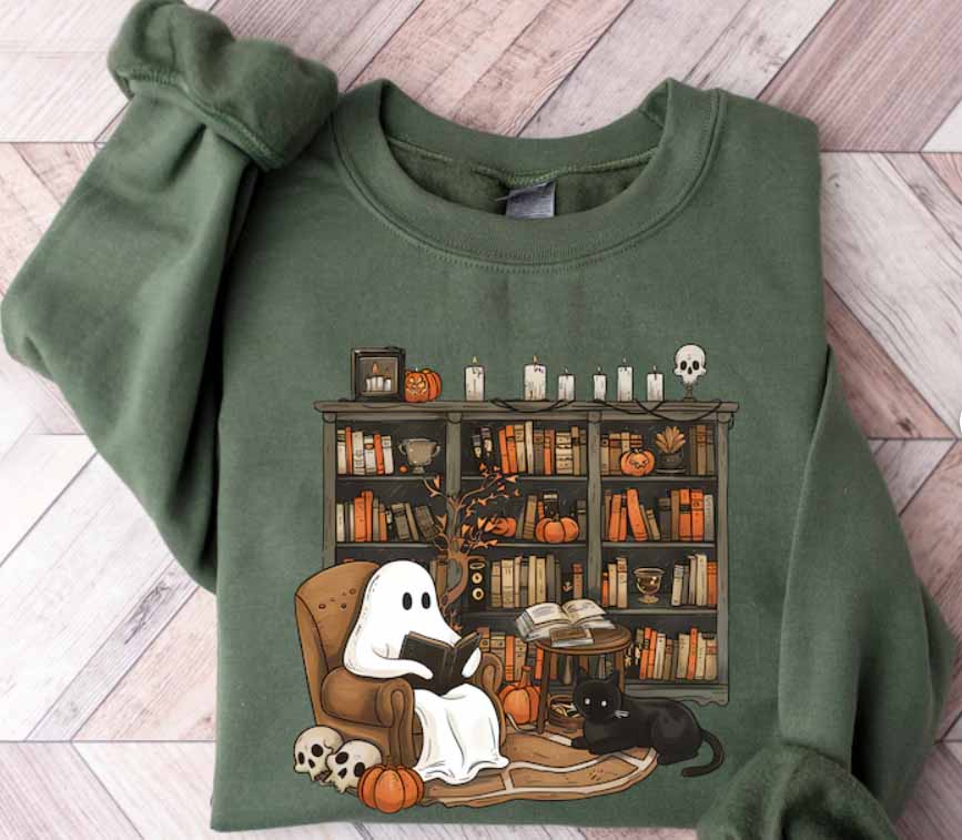 Halloween Ghost Reading Book In a Library - Sweatshirt/Hoodie
