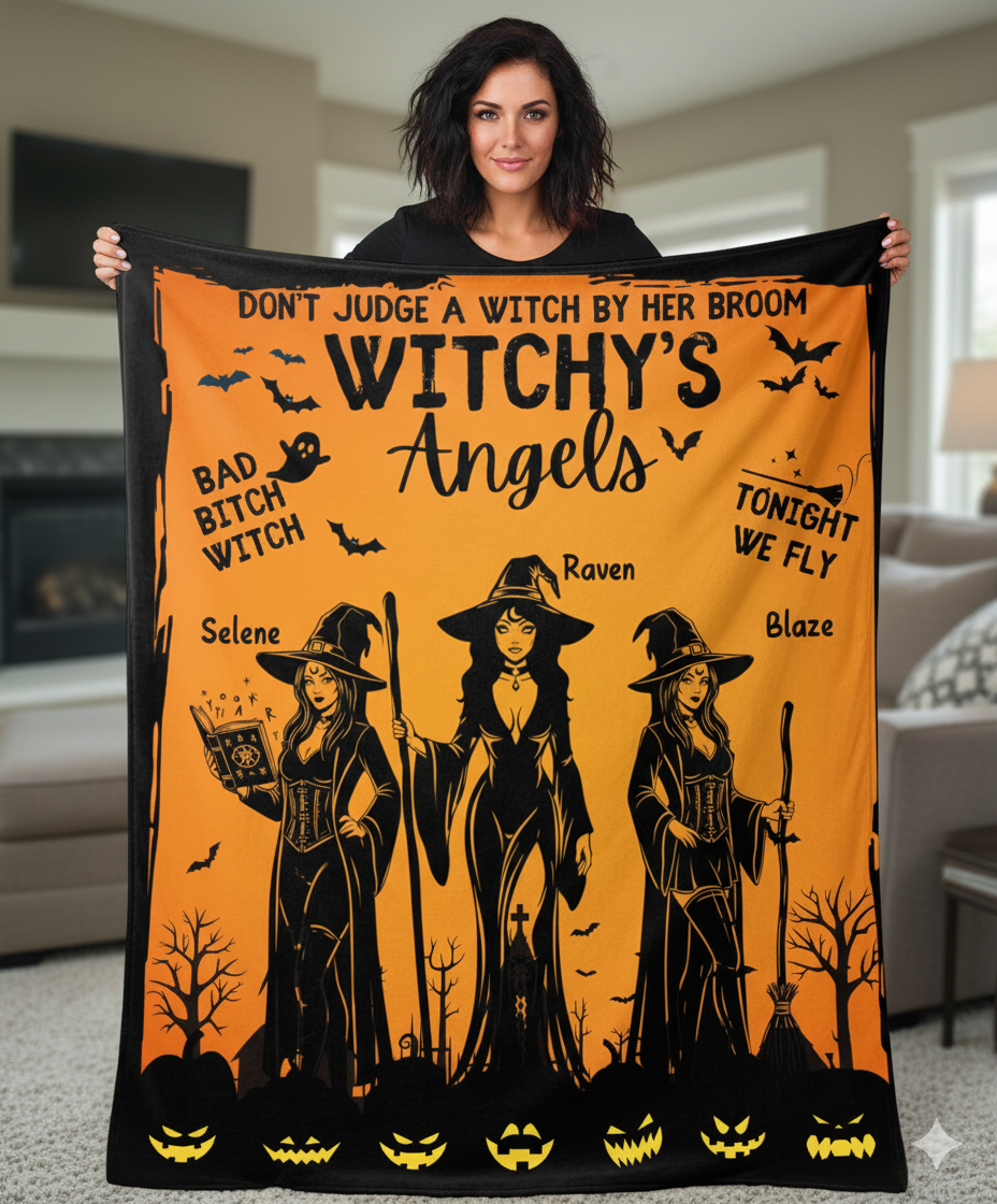 Witchy's Angels | Halloween | Witch thrown Blanket for Couch Sofa Bed Chair Decor