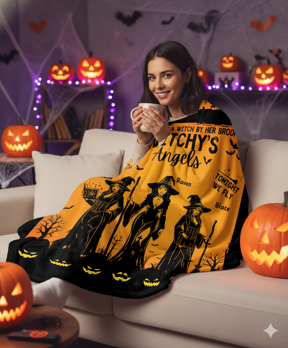 Witchy's Angels | Halloween | Witch thrown Blanket for Couch Sofa Bed Chair Decor
