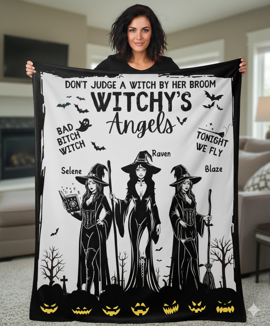 Witchy's Angels | Halloween | Witch thrown Blanket for Couch Sofa Bed Chair Decor