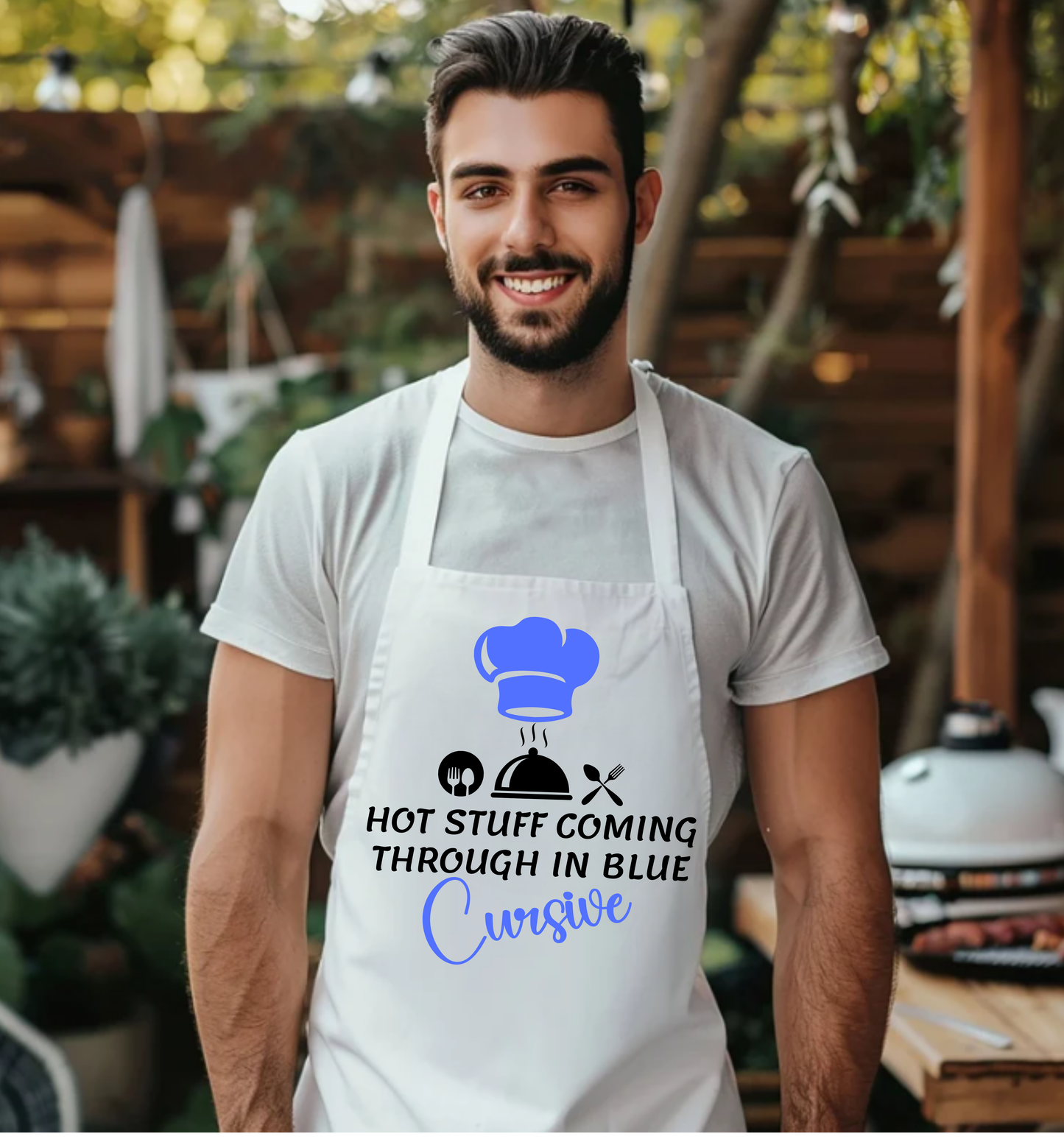 Apron - Hot Stuff Coming through in Blue Cursive