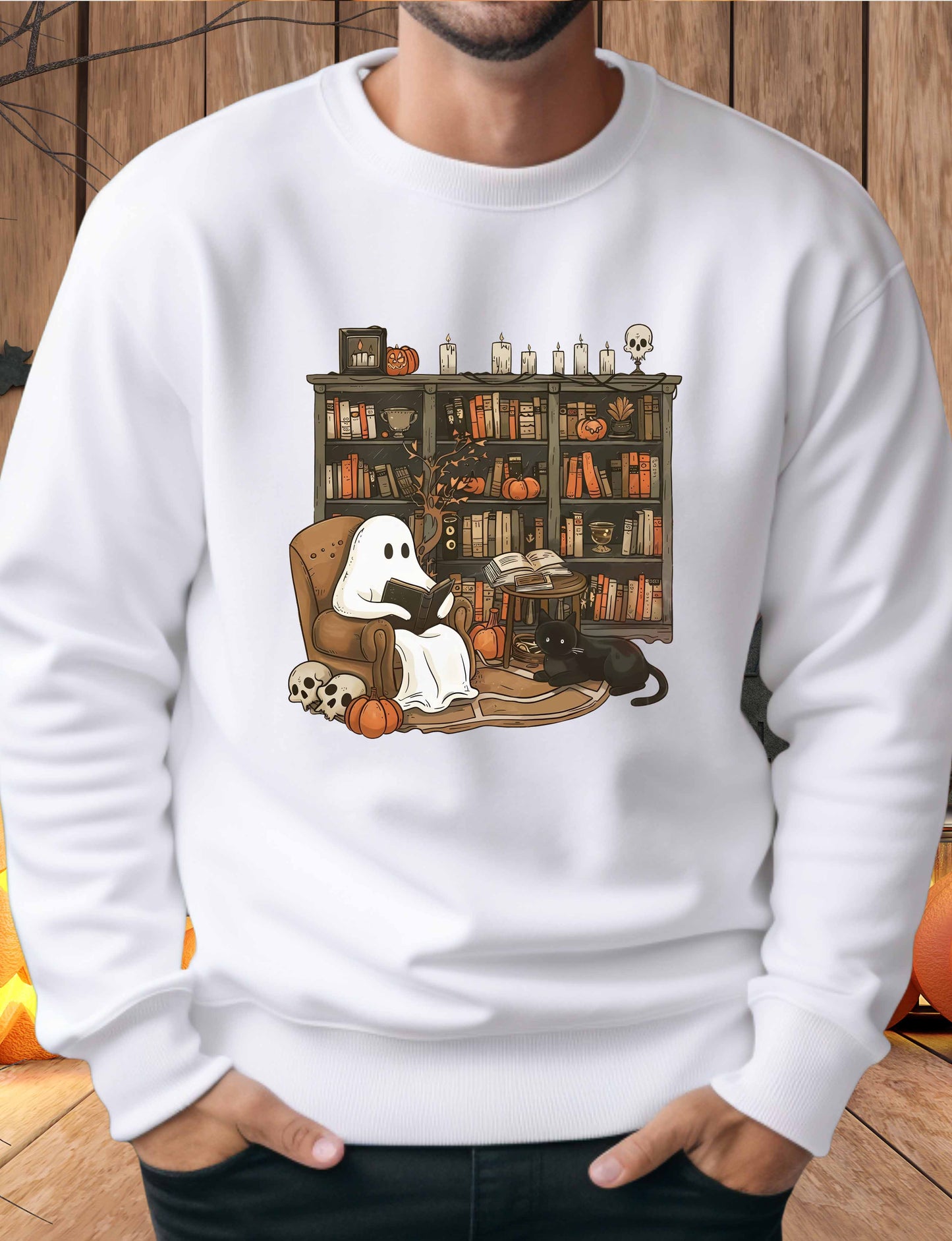 Halloween Ghost Reading Book In a Library - Sweatshirt/Hoodie