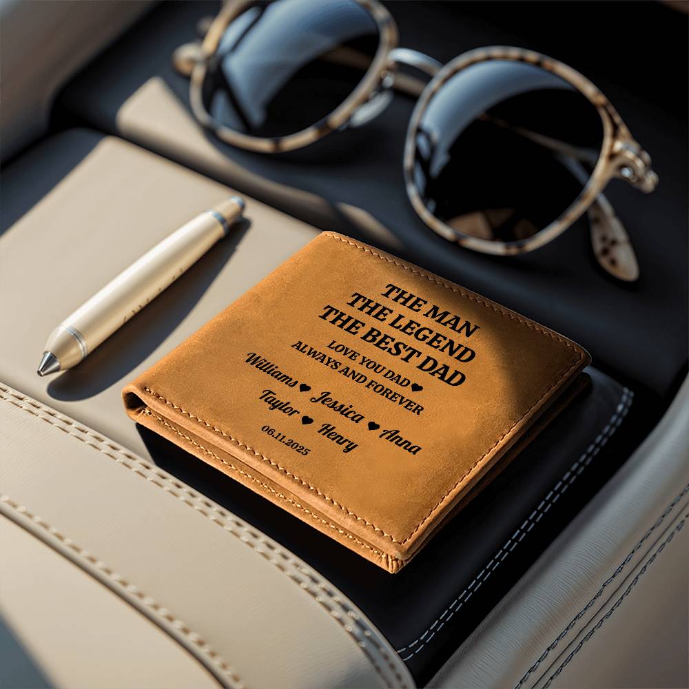 The Man, The Legend, The Best Dad | Personalized Kids Names | Leather Wallet | Great Father's Day Gift